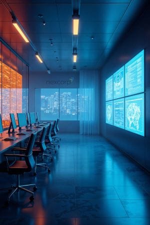 A sleek office setup with multi-monitor screens, dark mode interfaces, or a futuristic UI mockup glowing in a dim-lit room.