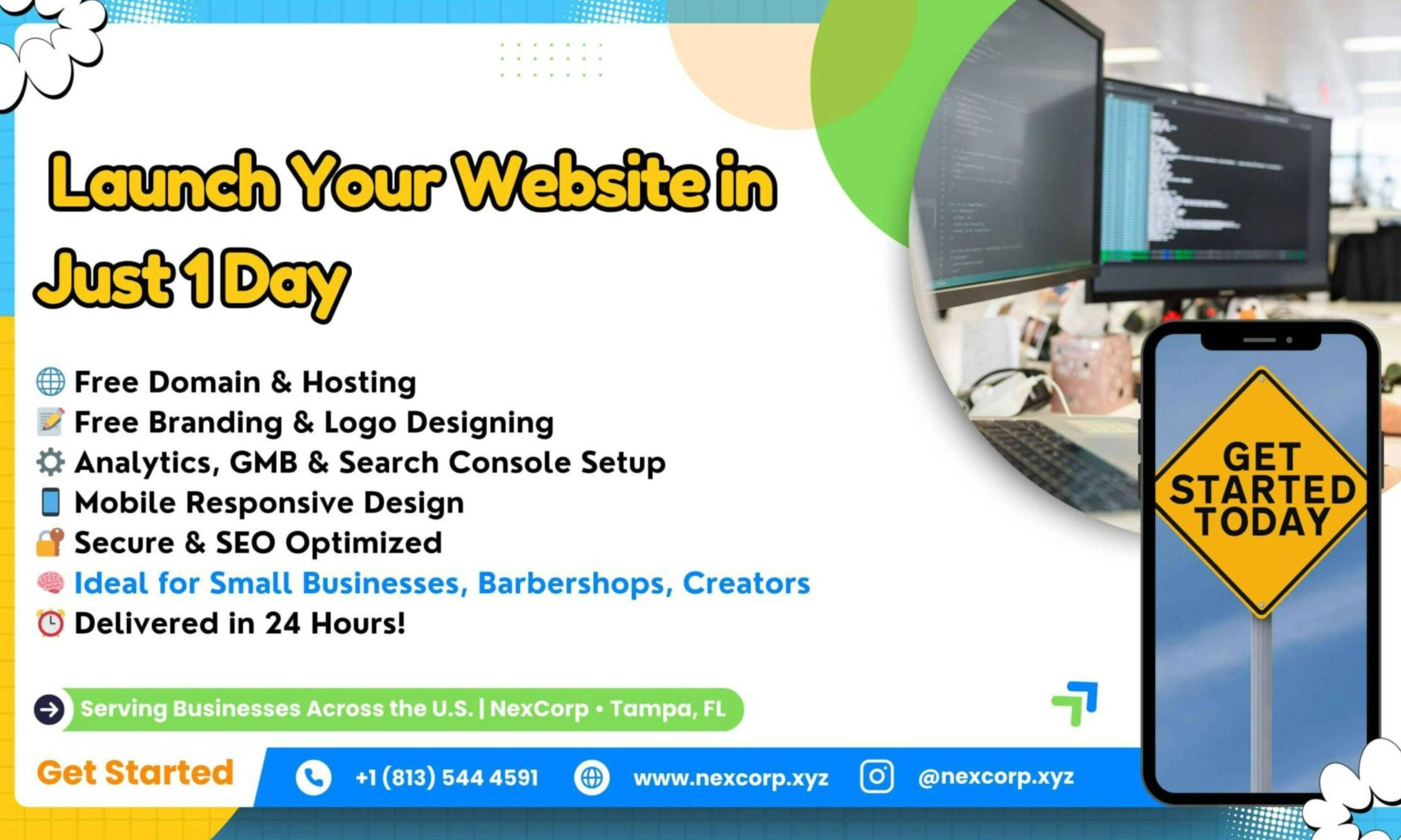 Launch your website in 1 day, offer by NexCorp, including free domain, hosting, branding, logo design, SEO, analytics, mobile responsive design, and fast delivery, ideal for small businesses and creators.
